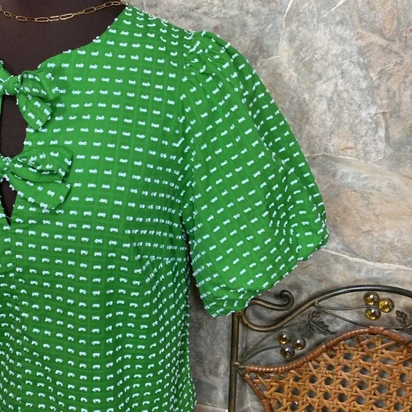 Kate Spade textured puff sleeve shirt top blouse tunic puff sleeves bow pleated - Picture 4 of 11